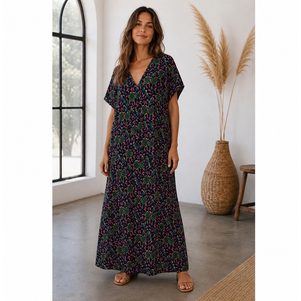 Leota Womens S Marche Fleur Floral Maxi Dress V Neck Oversized Flowy Caftan